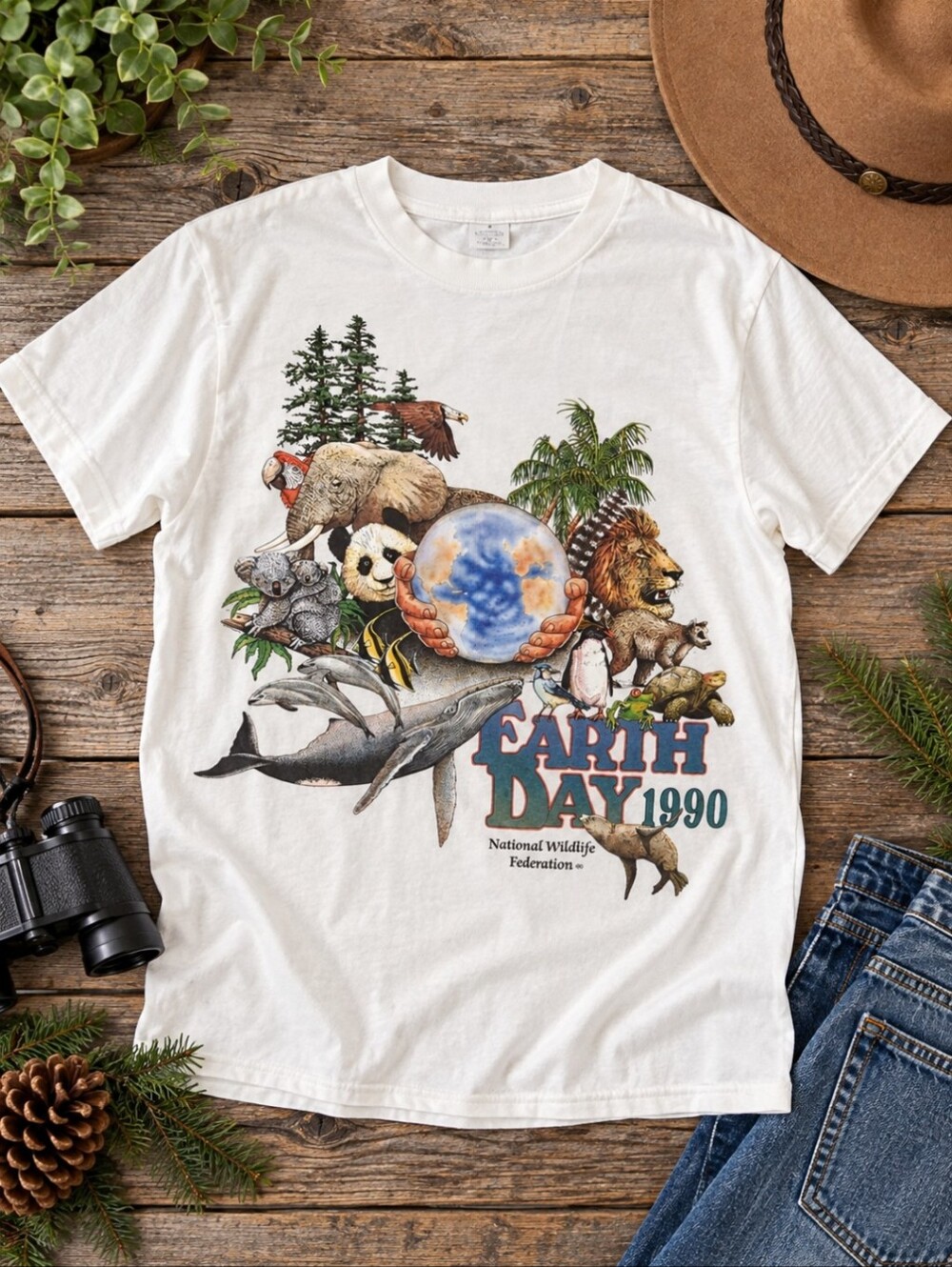 Vtg 90s Earth Day Graphic Tee Wildlife Globe Print Eco Friendly Unisex Sz L